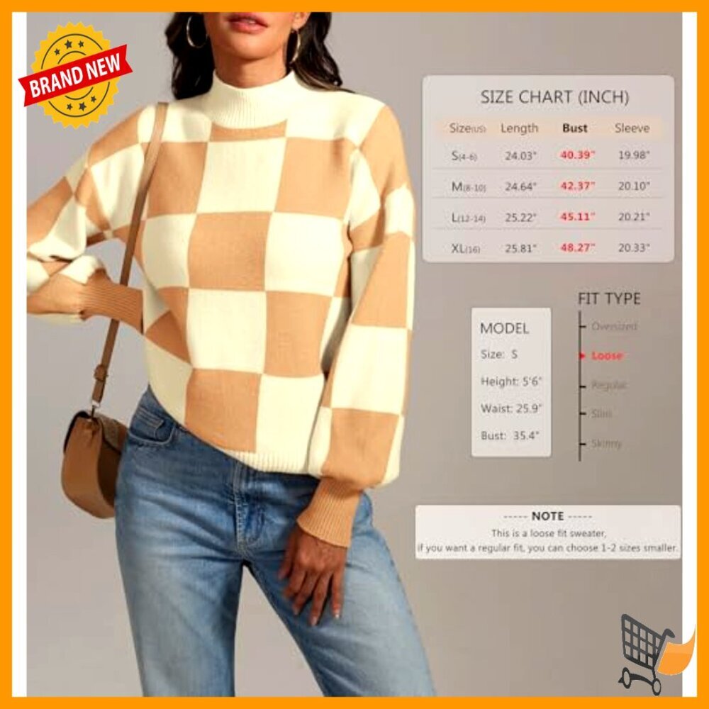 Ribbed Knit Pullover Turtleneck Plaid Loose Fit Trendy Office Sweater - Picture 5 of 7